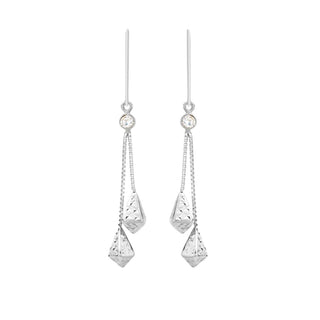 9K White Gold CZ & Diamond Cut Chain Drop Earrings