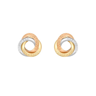 9K 3-Colour Gold Diamond Cut Linked-Rings Stud Earrings