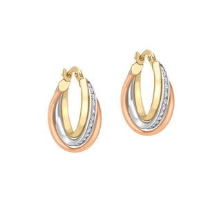 9K 3-Colour Gold CZ Intertwined-Rings Creole Hoop Earrings