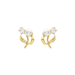 9K Yellow Gold CZ & Freshwater Pearl Flower Stud Earrings